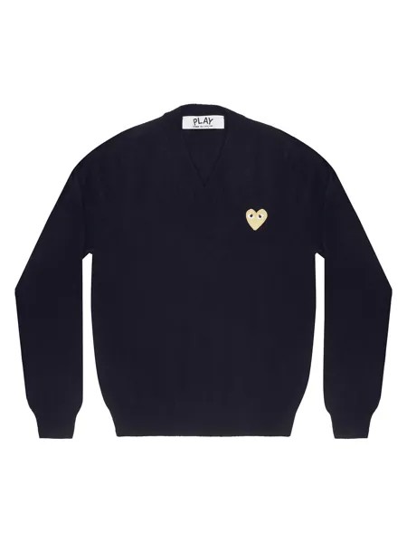 Шерстяной свитер с сердечком и v-образным вырезом Comme des Garçons PLAY, нави