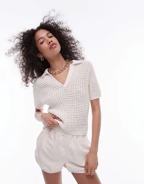 Кремовый трикотажный топ-поло Topshop