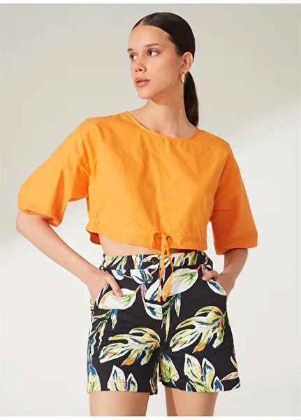 Однотонная оранжевая женская блузка с круглым вырезом Fabrika