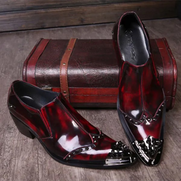 Мужские итальянские ботинки кожаные винно-красные свадебные туфли-оксфорды на высоком каблуке с острым носком; Бордовые модельные лоферы с...