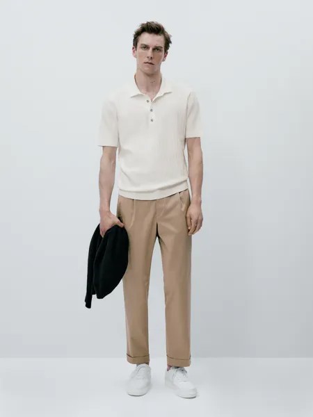 Вертикальный трикотажный свитер поло Massimo Dutti, кремовый