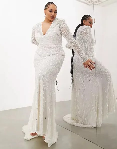 Винтажное свадебное платье макси цвета слоновой кости с пайетками и бисером ASOS DESIGN Curve Millie