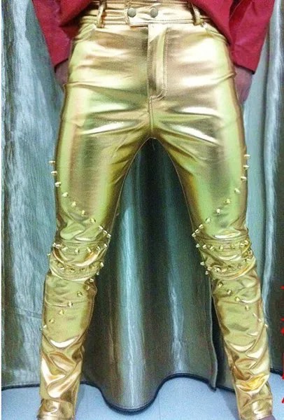 Новые мужские брендовые модные диджейские блестящие серебристые кожаные брюки больших размеров, тонкие мужские сексуальные кожаные брюки ...