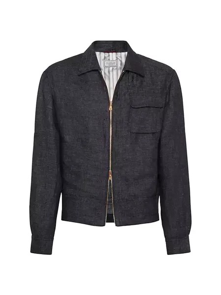 Льняная верхняя куртка с джинсовым эффектом и нагрудным карманом Brunello Cucinelli, черный