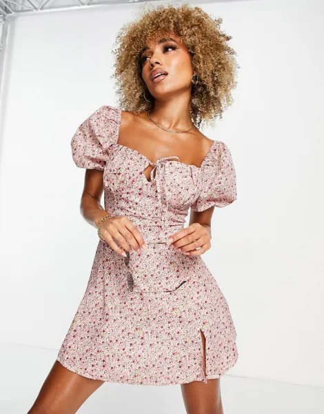Missguided – мини-платье доярки с цветочным принтом и пышными рукавами