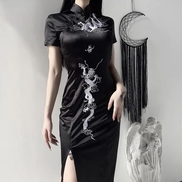 Мода Ретро Платье Китайский Дракон Вышивка Cheongsam Casual Slim Готика Черный Длинное Платье Банкет Вечернее Платье