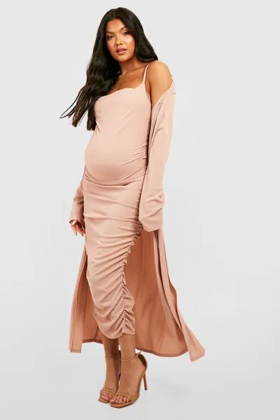Платье для беременной с бретелями и воротником-хомутом duster Boohoo, песочный