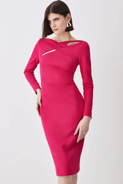 Итальянское структурированное платье-миди в рубчик с перекрестием Karen Millen, розовый