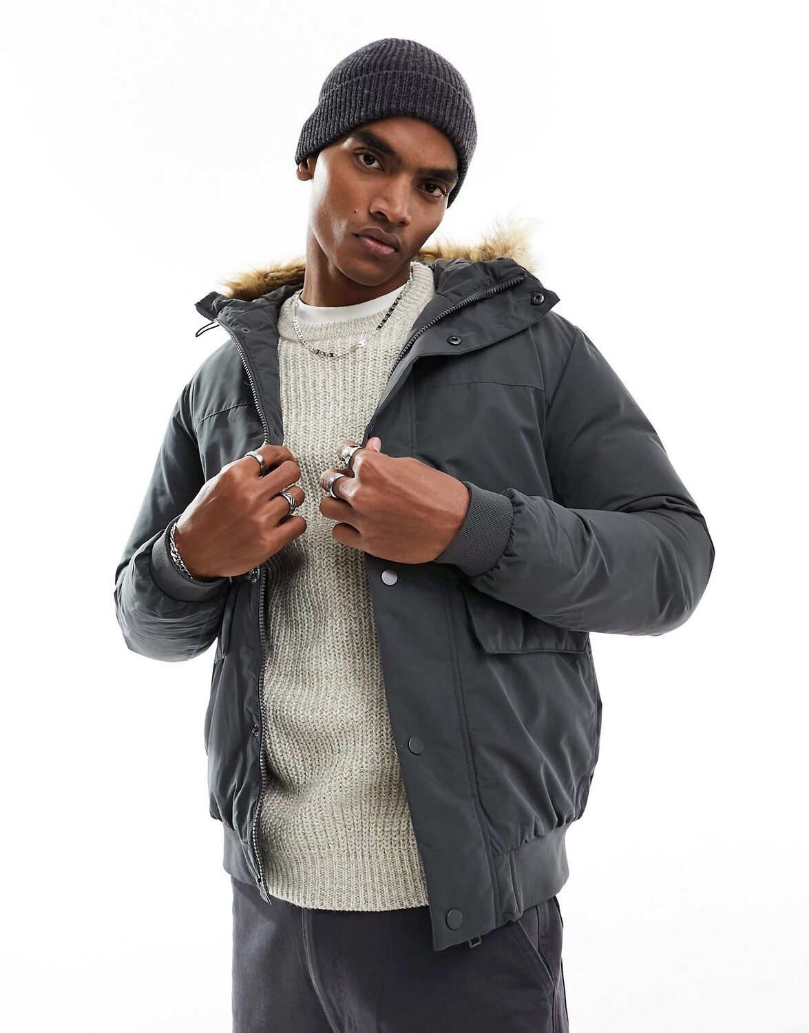 Короткая парка Jack & Jones с капюшоном из искусственного меха темно-серого цвета