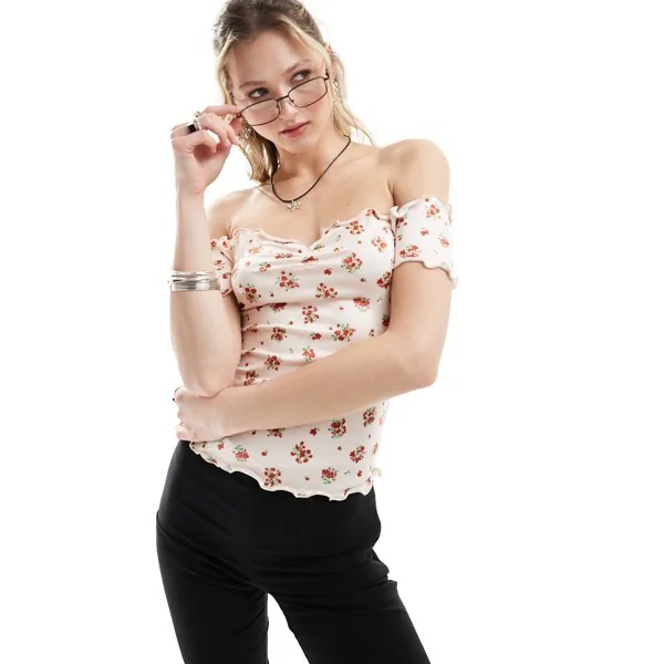 Футболка Monki Off Shoulder, розово-красный
