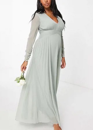 Присборенное на талии платье макси оливкового цвета с длинными рукавами и плиссированной юбкой ASOS DESIGN Maternity Bridesmaid-Зеленый цвет
