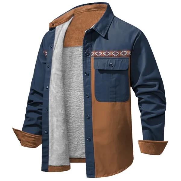 Мужская флисовая куртка-рубашка в винтажном этническом стиле с цветными блоками и вельветовыми накладными карманами