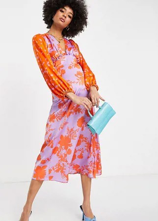 Атласное платье миди с оборками, открытой спиной и смешанным красным и сиреневым принтом ASOS DESIGN Maternity-Разноцветный