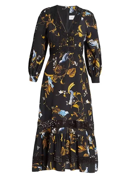 Шелковое платье-миди с принтом Erdem, цвет cecilia birds black