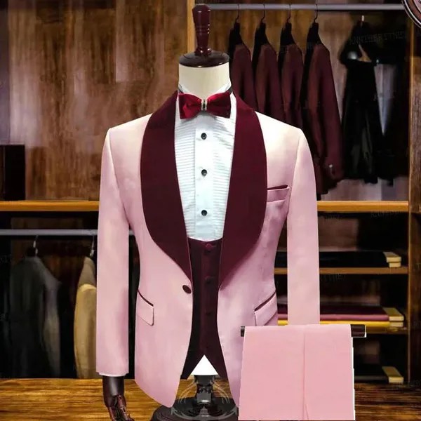 Классические модные розовые смокинги для жениха по индивидуальному заказу, Бархатная шаль бордового цвета с лацканами, костюм для лучшего человека, Свадебные Мужские костюмы с блейзером
