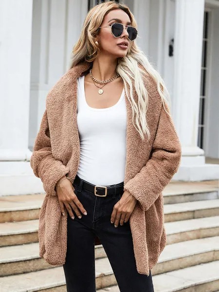 Milanoo Faux Fur Coats For Women Long Sleeves Casual Faux Fur Coat Stretch Coffee Brown Overcoat