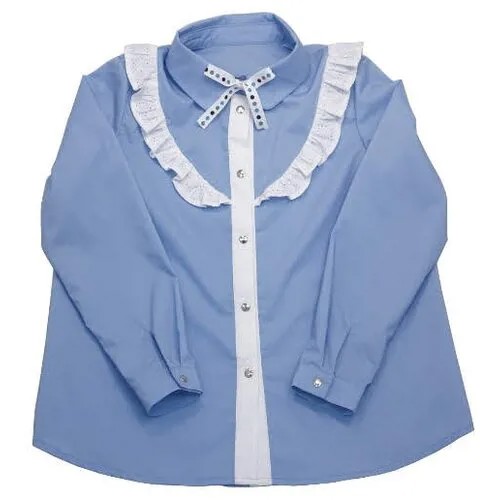 Голубая школьная блузка с воланом белого цвета 158