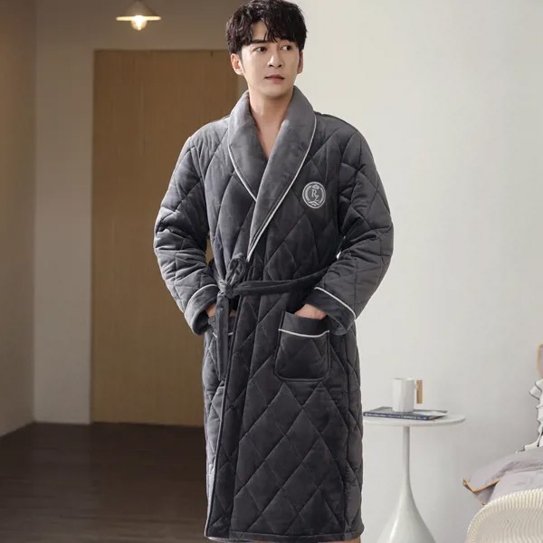 Халат-кимоно мужской зимний трехслойный, стеганый халатик кораллового цвета, с длинным рукавом, Повседневная Домашняя одежда, одежда для сна
