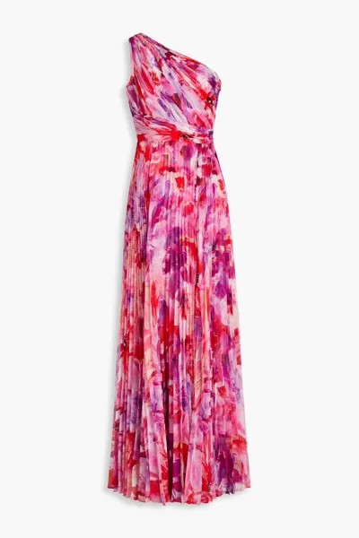 Шифоновое платье на одно плечо со складками и цветочным принтом Marchesa Notte, фуксия