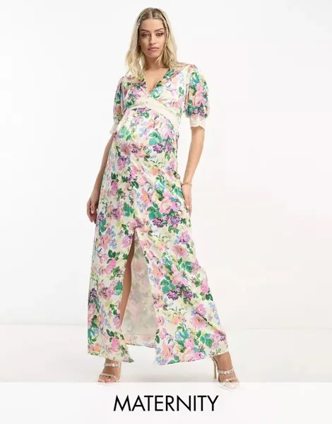 Атласное платье макси с пышными рукавами для беременных Hope & Ivy кремового цвета с цветочным принтом Hope & Ivy Maternity