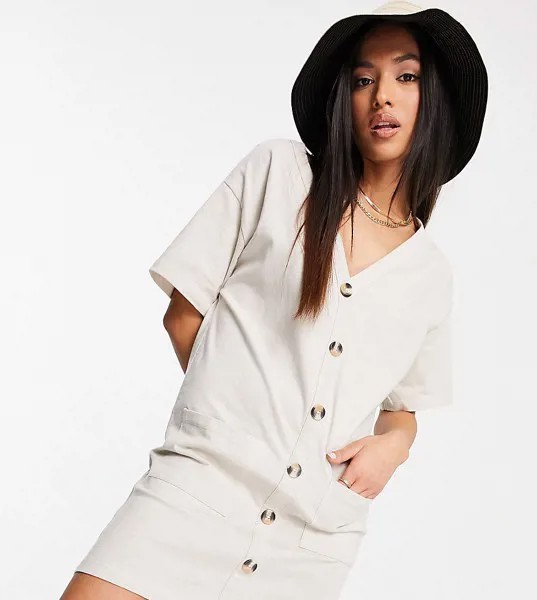 Светло-бежевое платье-футболка на пуговицах ASOS DESIGN Petite-Белый