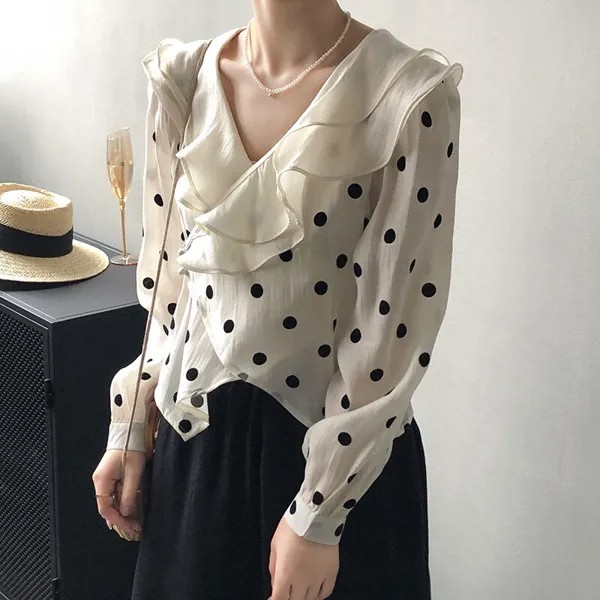 Женская блузка в горошек, элегантная Солнцезащитная рубашка в горошек с принтом листьев лотоса, корейский стиль, лето 2022
