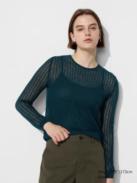 Кружевной джемпер с круглым вырезом Uniqlo, зеленый
