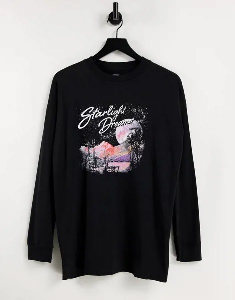 Черный свободный лонгслив бойфренда с графическим принтом Cotton:On-Черный цвет