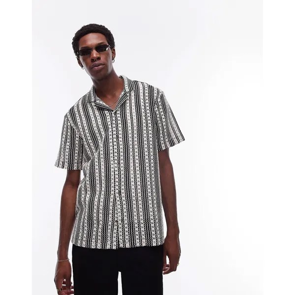 Рубашка Topman Short Sleeve Relaxed Crochet Stripe, черный/белый