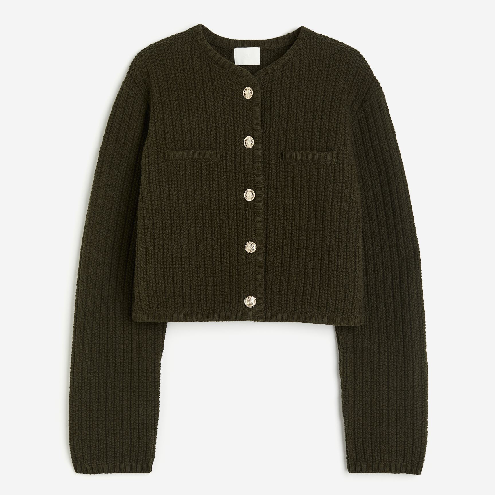 Кардиган H&M Short Textured-knit, темно-зеленый