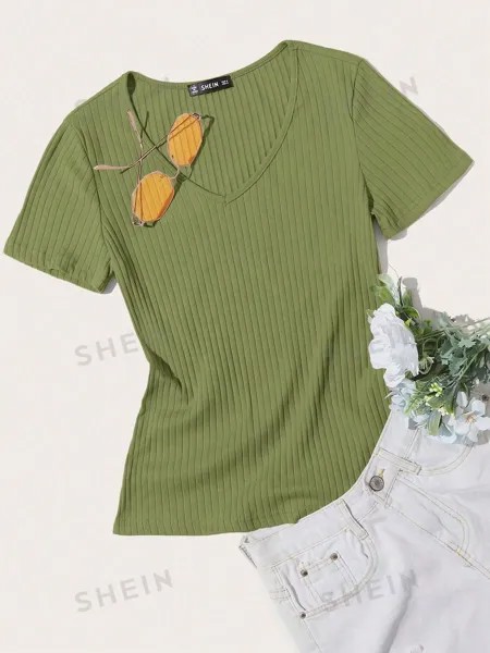 SHEIN Essnce однотонная повседневная трикотажная футболка в рубчик с короткими рукавами, оливково-зеленый