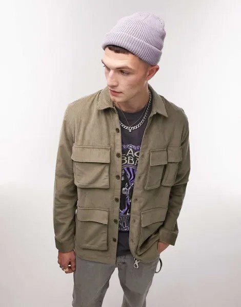 Вельветовая рубашка цвета хаки с карманами Topman