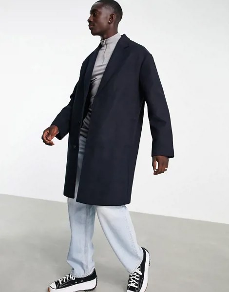 Темно-синее пальто свободного кроя из материала с добавлением шерсти ASOS DESIGN-Темно-синий