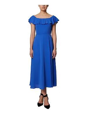Женское синее вечернее платье-футляр миди с открытыми плечами BCBGENERATION синего цвета с развевающимися рукавами 6