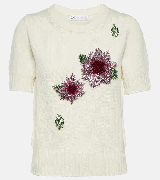 Шерстяная футболка с цветочной аппликацией OSCAR DE LA RENTA, белый