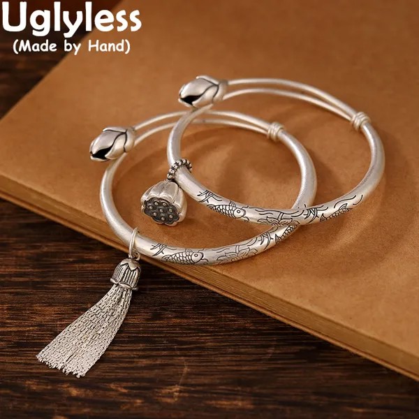 Uglyless Real S 990 серебряные женские ювелирные изделия ручной работы Резные Лотос рыбы регулируемые браслеты этнические цепи Подвески Браслет