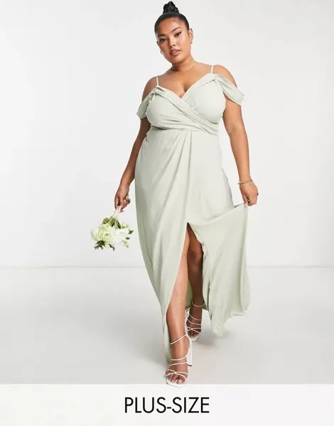 Платье для подружки невесты с драпировкой и запахом на плечах TFNC (зеленый шалфей)