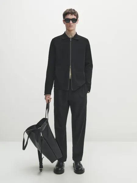 Вязаный кардиган с молнией и рубашечным воротником Massimo Dutti, черный