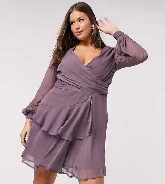 Розово-лиловое платье мини с длинными рукавами ASOS DESIGN Curve-Фиолетовый