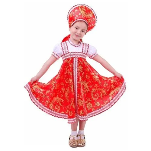 Русский народный костюм для девочки с кокошником, красно-бежевые узоры, р-р 64, рост 122-128 см
