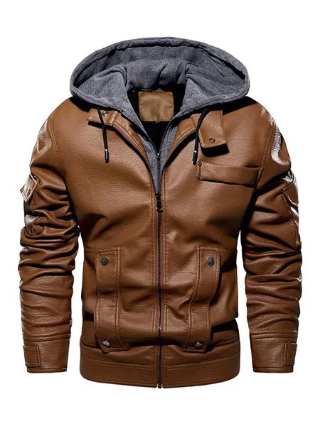 Milanoo Men\'s Leather Jacket Comfy Layered Zipper Color Block Fashion Moto Spring Coffee Brown