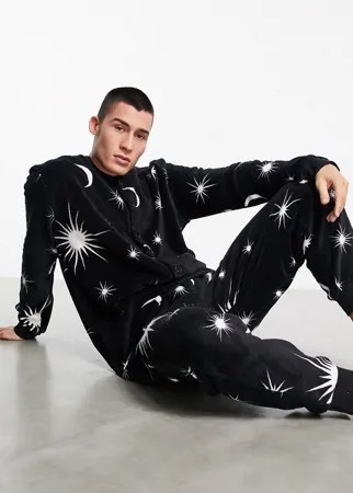 Флисовый комбинезон-кигуруми с небесным принтом ASOS DESIGN-Черный цвет