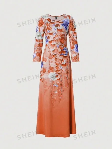 Платье омбре с цветочным растительным принтом, апельсин