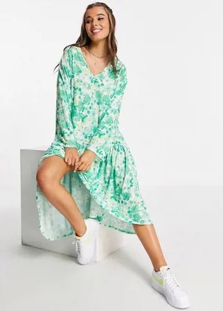 Зеленое платье миди в стиле 70-х с длинными рукавами, V-образным вырезом, оборкой по низу и цветочным принтом ASOS DESIGN-Зеленый цвет