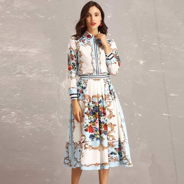 Женский модельный комплект из двух предметов, рубашка с длинным рукавом и блестками и бисером и повседневная элегантная юбка миди с цветочн...
