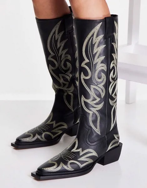 Черные сапоги в стиле вестерн из премиум-кожи с декоративными строчками Topshop Texas-Черный