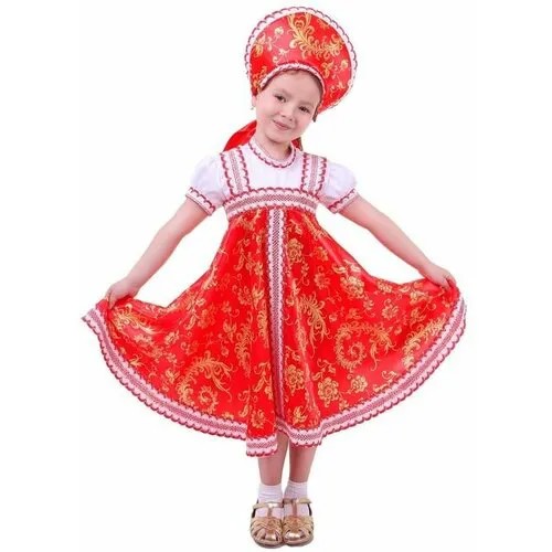Русский народный костюм для девочки с кокошником, красно-бежевые узоры, р-р 64, рост 122-128 см