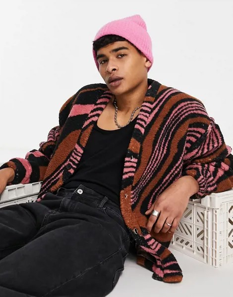 Флисовый oversized-кардиган со сплошным принтом в стиле ретро ASOS DESIGN-Разноцветный
