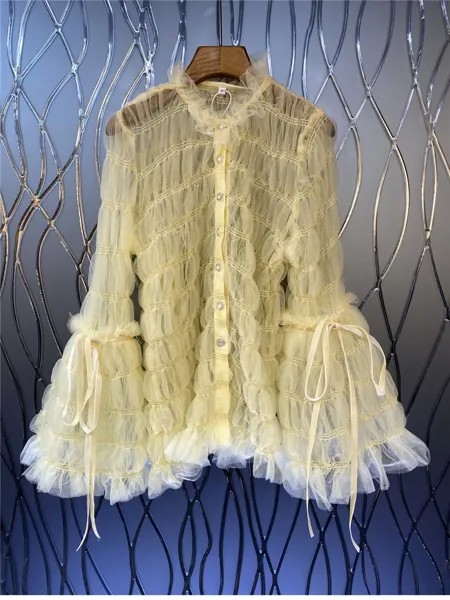 Женская кружевная блузка с лентами, Повседневная дизайнерская блузка абрикосового цвета с расклешенными рукавами, весна-лето 2022