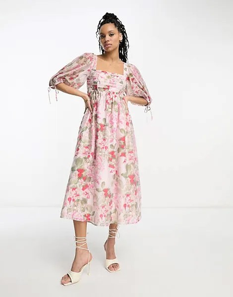 Розовое объемное платье миди со сборками & Other Stories